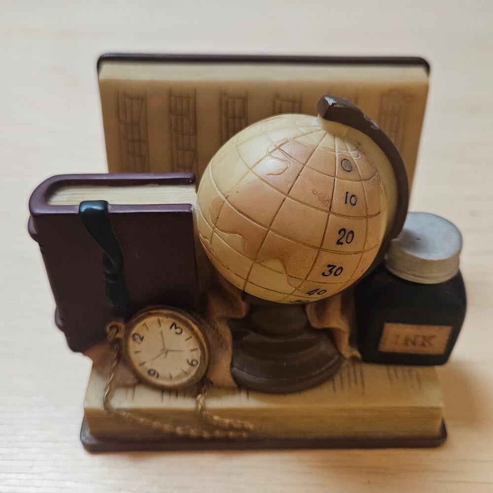 Vintage Faux Book & Globe Ceramic Desk Paperweight Business Card Holder Book End